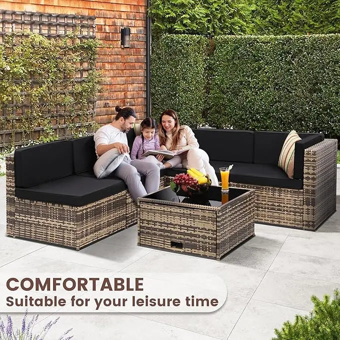 Rattan 8 Pieces Outdoor Wicker Sectional Set, Glass Top Table with Hidden Storage, Oversized Cushions