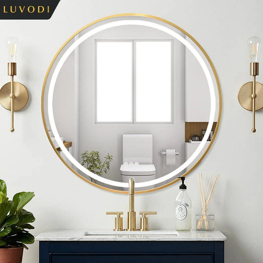 Round Light Mirror Black Gold Frame Dimmable Fogless Mirror with Detachable Rope