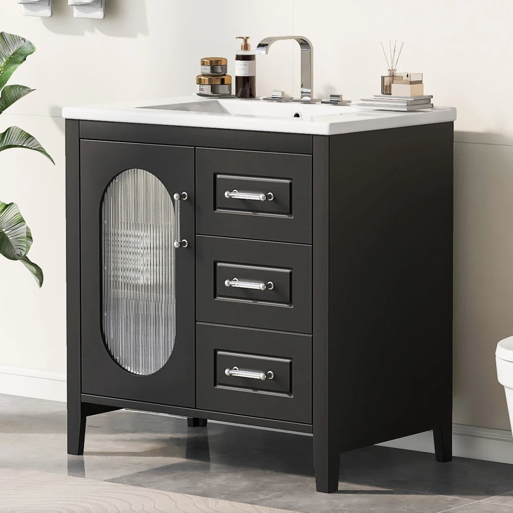 30" Bathroom Vanity with Sink with Two Drawers and Door, Adjustable Shelf, Solid Wood, Black