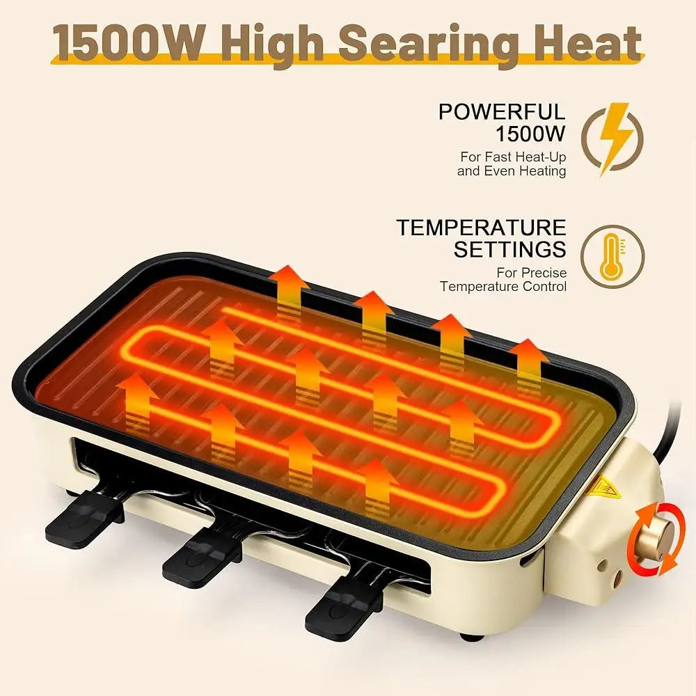 2 n 1 Non Stick Electric Smokeless Indoor Grill, Removable Plate, Temperature Control with Raclette Pans