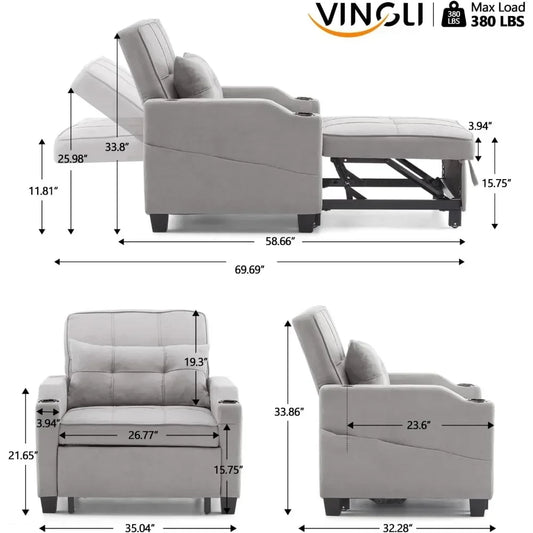 Sleeper Chair 3-in-1 Pull out Couch Sleeper Sofa Light Gray, Recliner with USB Ports, Cup Holders, Side Pockets