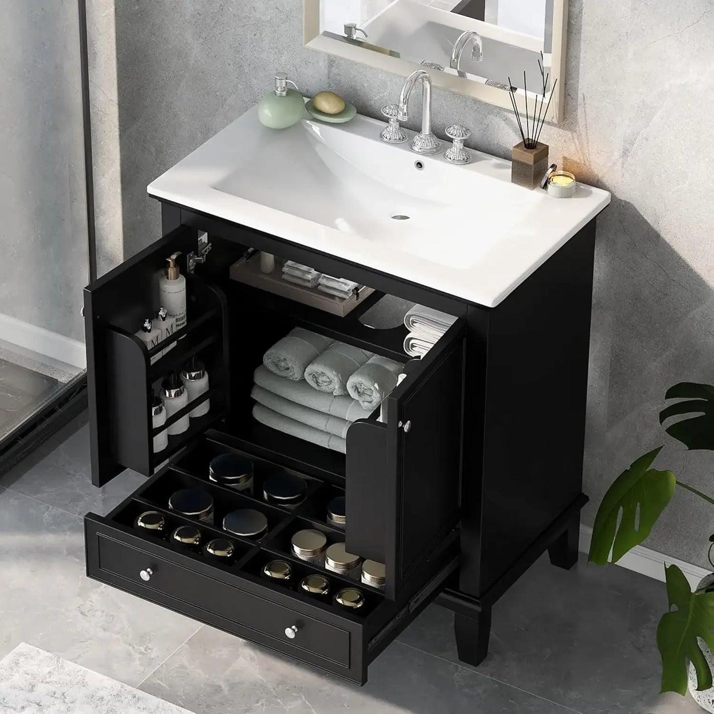 36" Bathroom Vanity organizer With Sink, Modern Green Bathroom Vanity With 3 Drawers
