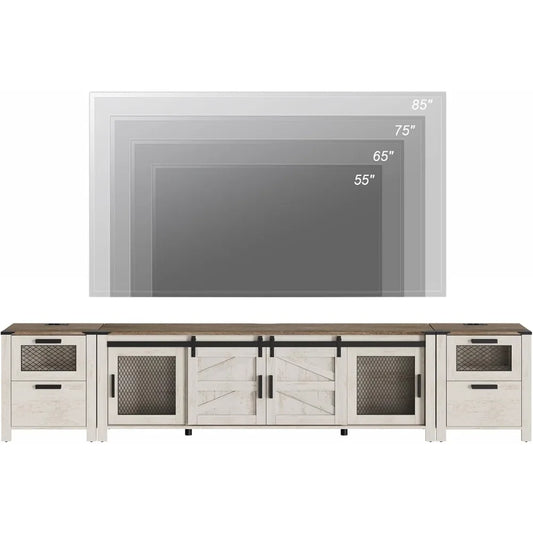 3 and 1 TV Wood Stand Set Entertainment Center for 85 inch TV with Charging Station