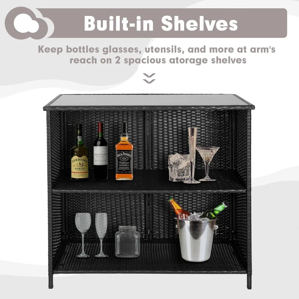 3-Piece Wicker Patio Outdoor Bar Set, 2 Stools and 1 Glass Top Table, Bistro Set,