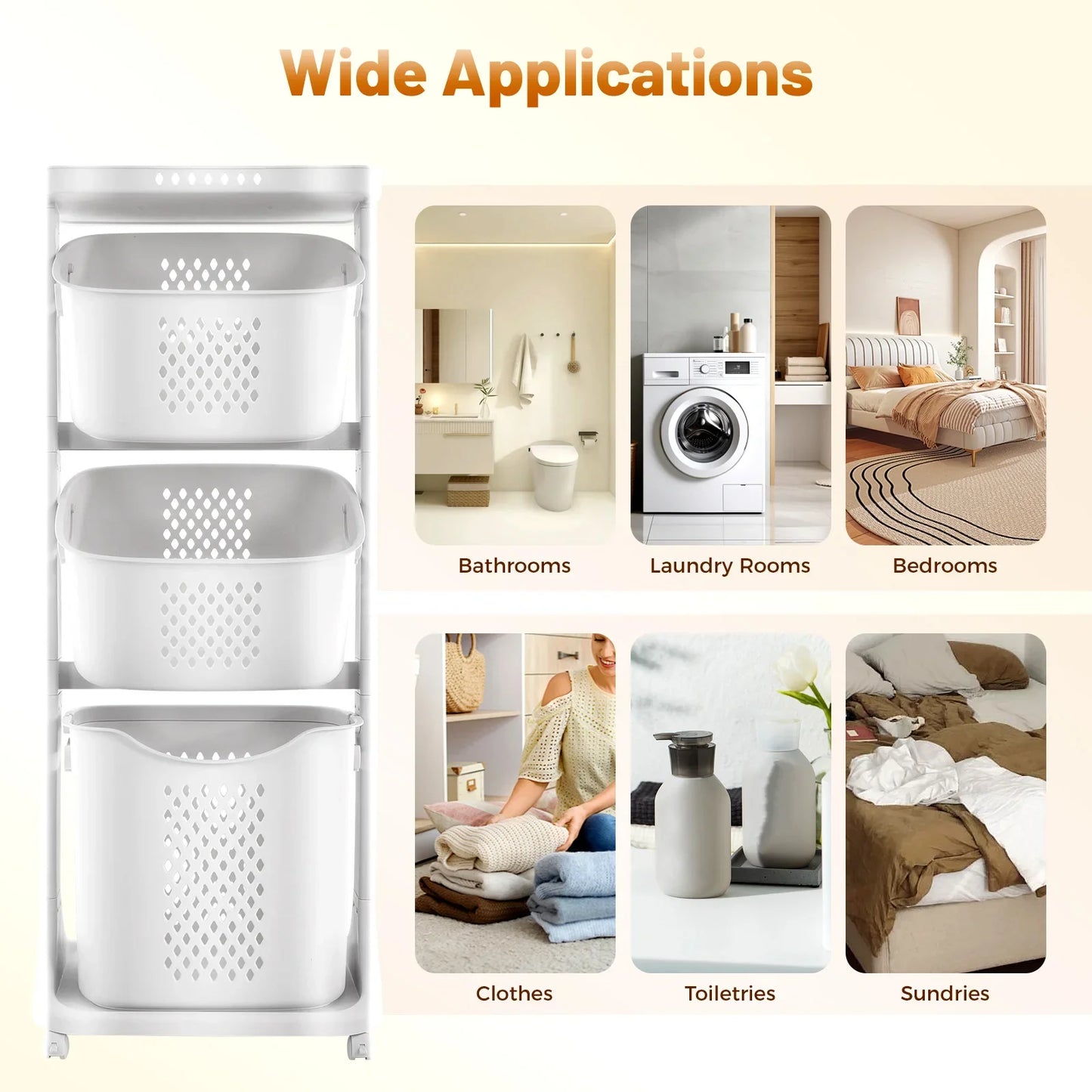 3 Tier Rolling 360° Rolling Laundry Hamper, Clothes Sorter Organizer with 4 Wheels