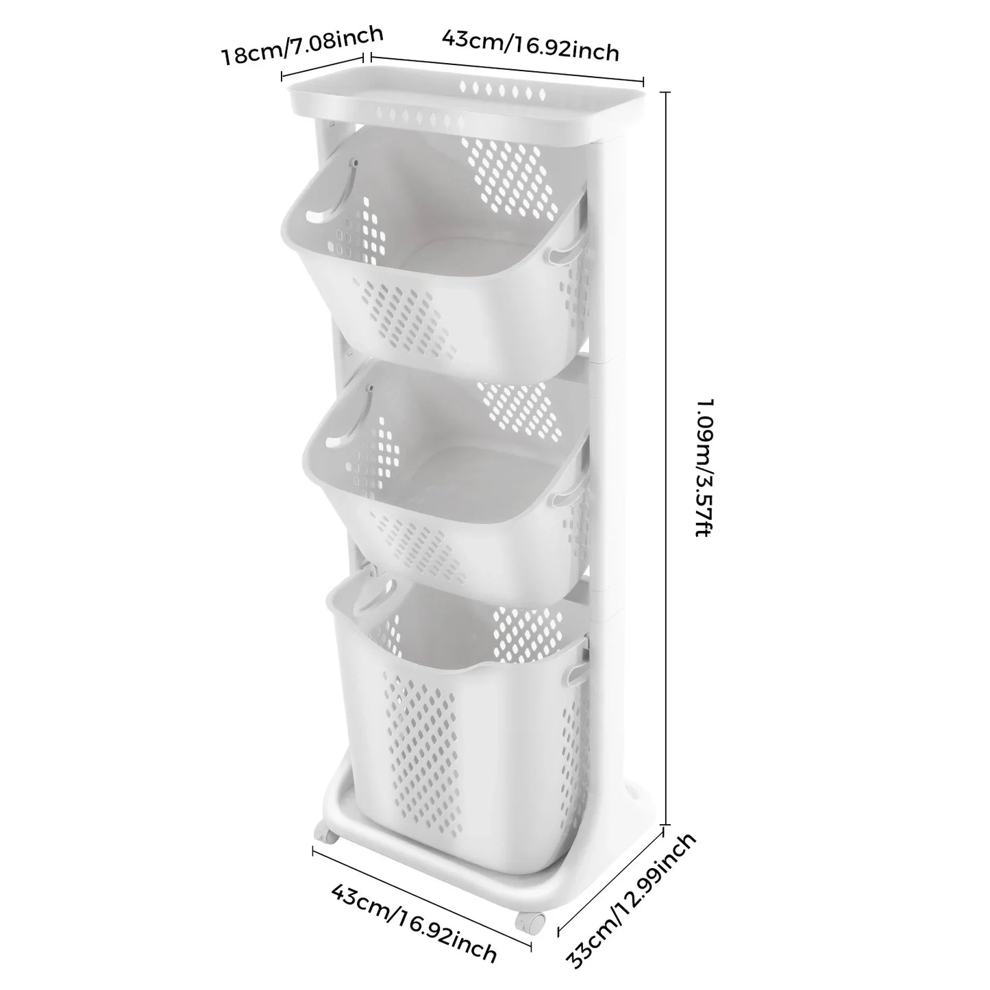3 Tier Rolling 360° Rolling Laundry Hamper, Clothes Sorter Organizer with 4 Wheels