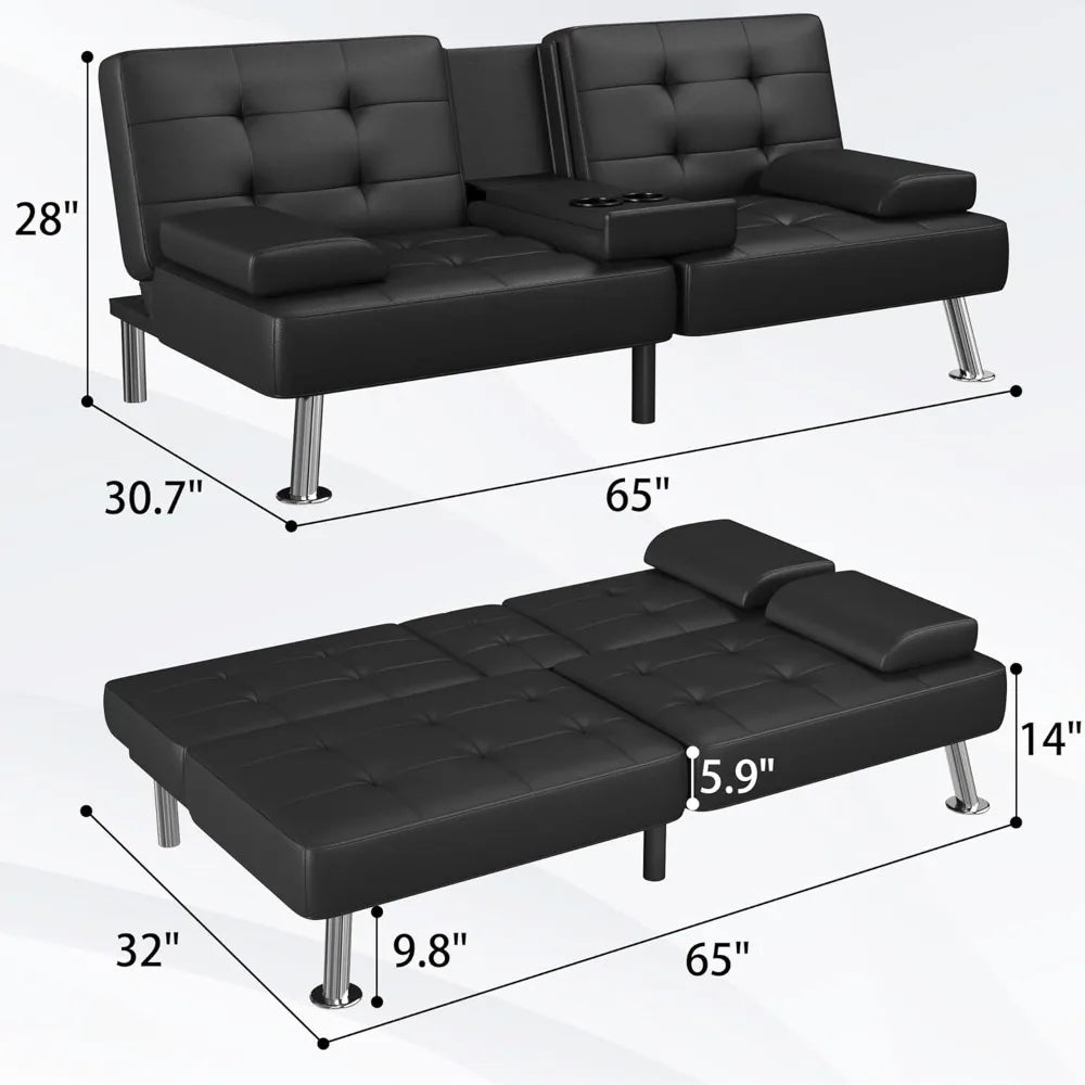 Futon Sofa Bed, Modern Folding Futon Sofa Bed Set, Convertible Lounge Chair, with 2 Cup Holders