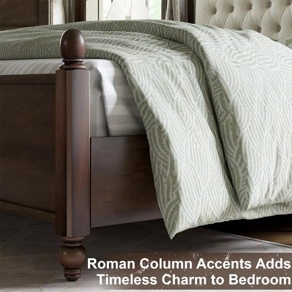 Solid Wood Bed Frame Queen Size,52.5" Upholstered Headboard, Column Accents/Support/No Box Spring Needed