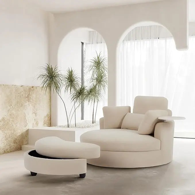 Oversize Round Barrel Swivel Accent Chair with Armrest Tray and Ottoman, Corduroy Fabric