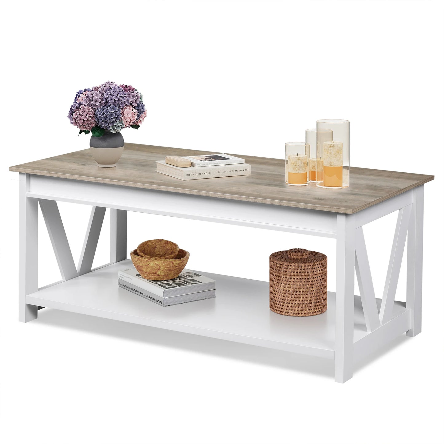GALAXHERO Coffee Table Storage Shelf Sturdy V Shaped Support Farmhouse Wood Center Table