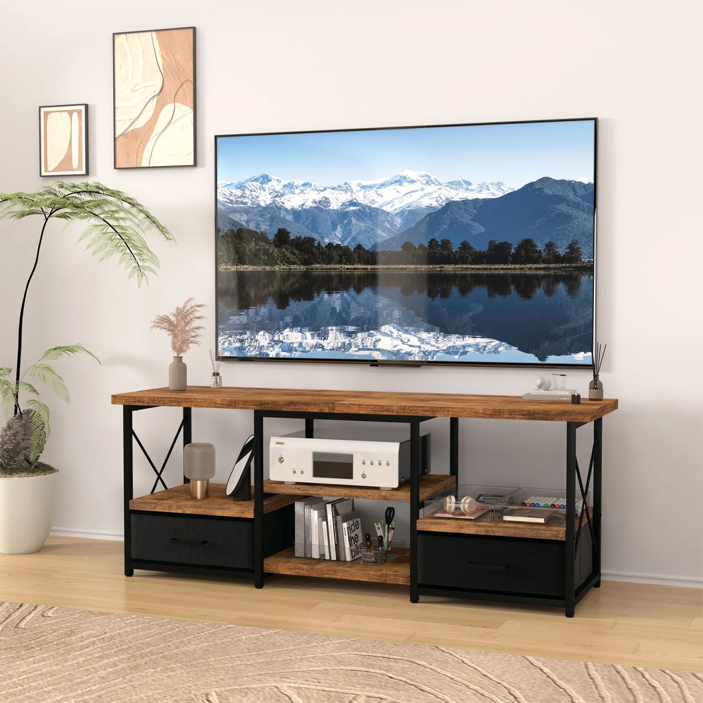 55“ TV Stand with Fabric Drawers-Black