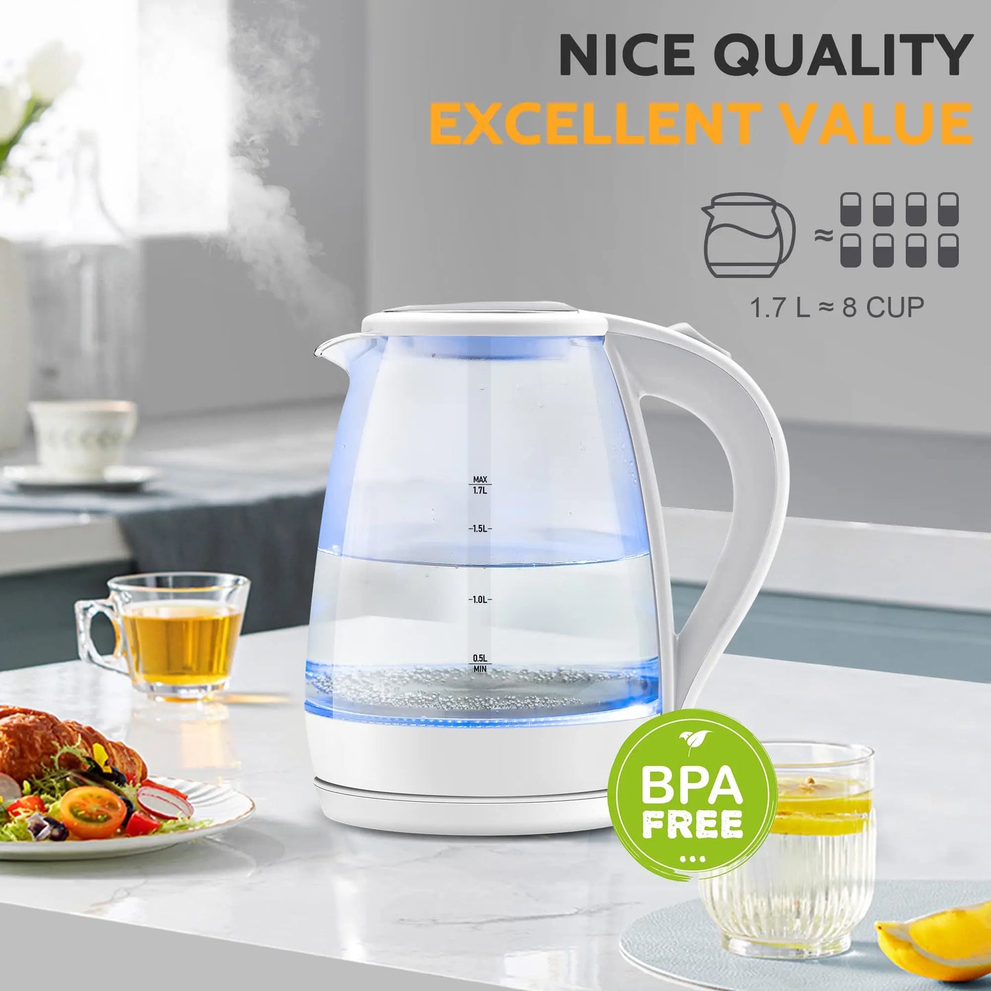 CACHOO 1.7L Borosilicate Glass Electric Kettle with LED Indicator, Fast Hot Water Boiler