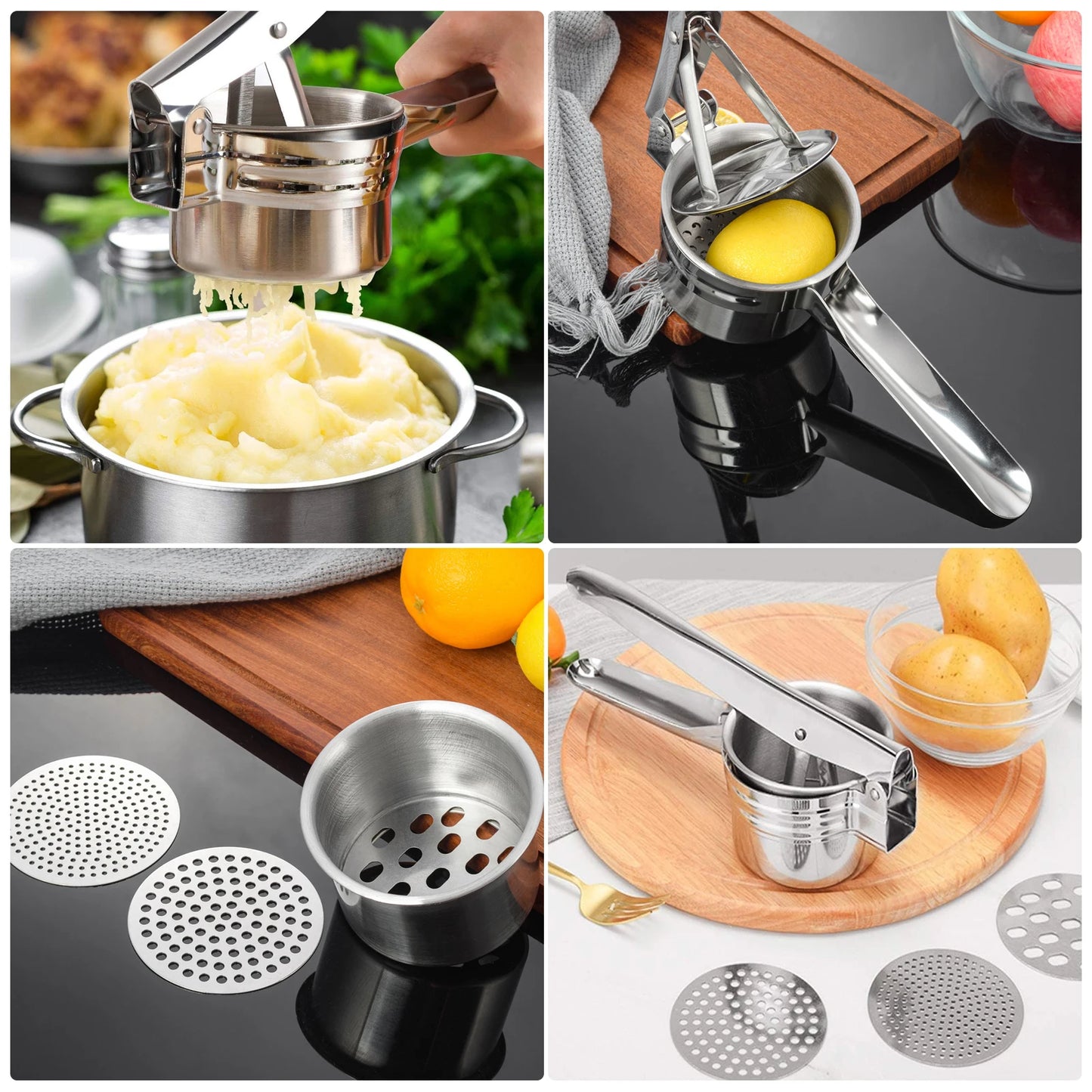 Ricer Stainless Steel Kitchen tool for Masked Potatoes with 3 Interchangeable Discs