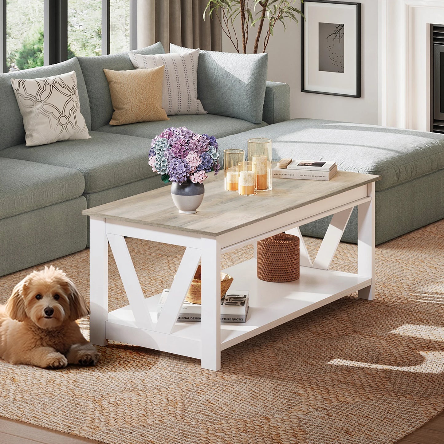 GALAXHERO Coffee Table Storage Shelf Sturdy V Shaped Support Farmhouse Wood Center Table