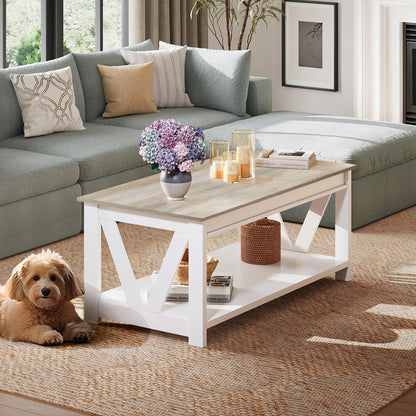 GALAXHERO Coffee Table Storage Shelf Sturdy V Shaped Support Farmhouse Wood Center Table