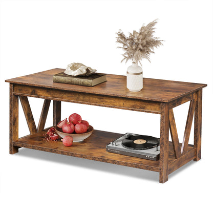 GALAXHERO Coffee Table Storage Shelf Sturdy V Shaped Support Farmhouse Wood Center Table