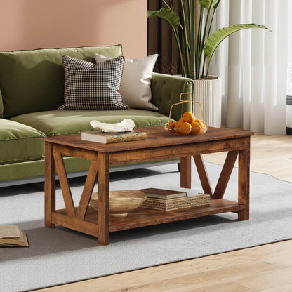 GALAXHERO Coffee Table Storage Shelf Sturdy V Shaped Support Farmhouse Wood Center Table