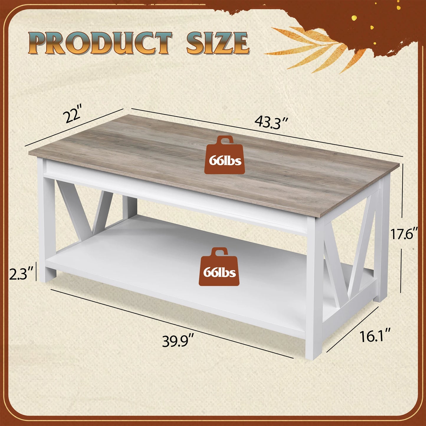 GALAXHERO Coffee Table Storage Shelf Sturdy V Shaped Support Farmhouse Wood Center Table