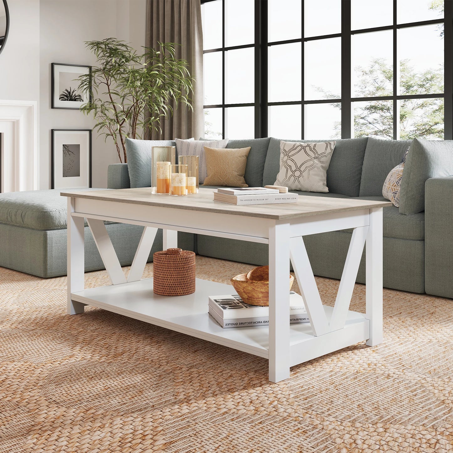 GALAXHERO Coffee Table Storage Shelf Sturdy V Shaped Support Farmhouse Wood Center Table