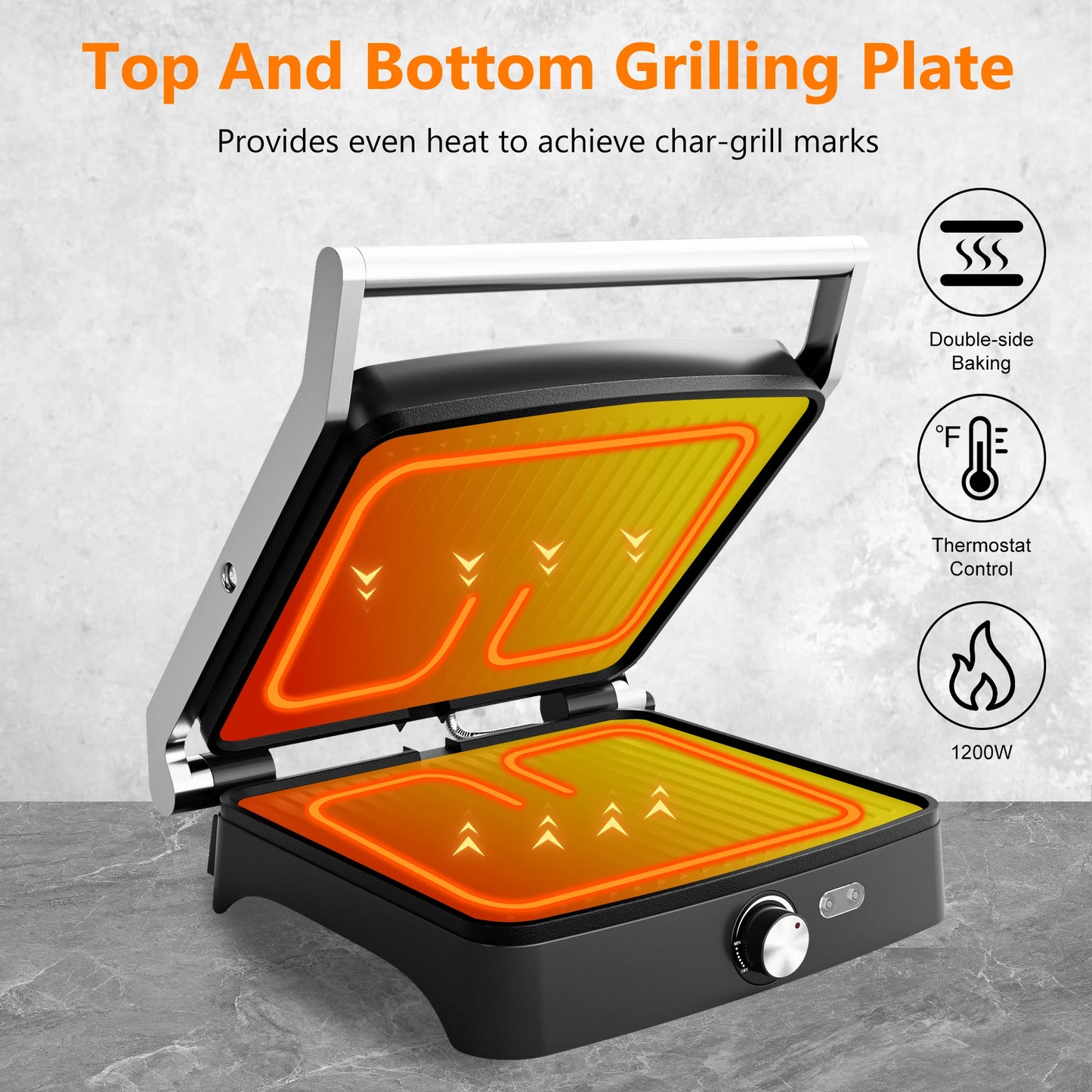 1200W Panini Press 4 slice non-stick Indoor Sandwich Maker with Temperature Settings, Opens 180 Degree