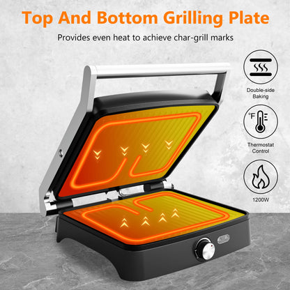 1200W Panini Press 4 slice non-stick Indoor Sandwich Maker with Temperature Settings, Opens 180 Degree