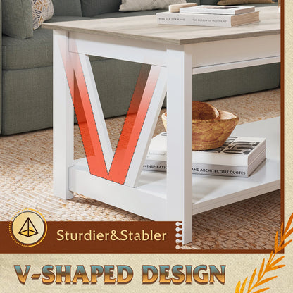 GALAXHERO Coffee Table Storage Shelf Sturdy V Shaped Support Farmhouse Wood Center Table