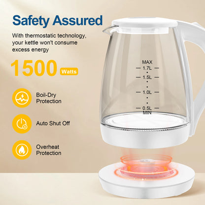 CACHOO 1.7L Borosilicate Glass Electric Kettle with LED Indicator, Fast Hot Water Boiler