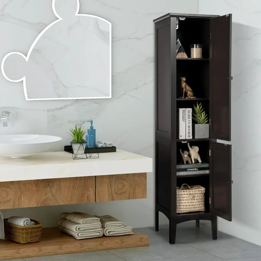 5-Tier Freestanding  Wooden Storage Cabinet, 5-Tier Freestanding Linen Tower with 2 Door