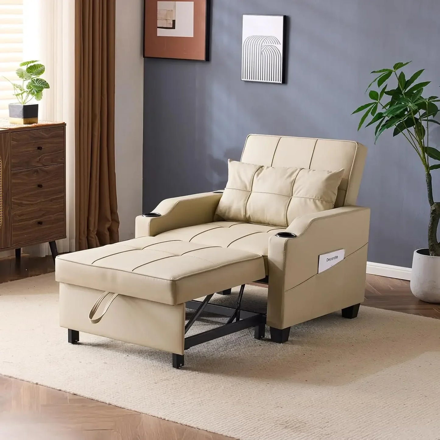Sleeper Chair 3-in-1 Pull out Couch Sleeper Sofa Light Gray, Recliner with USB Ports, Cup Holders, Side Pockets