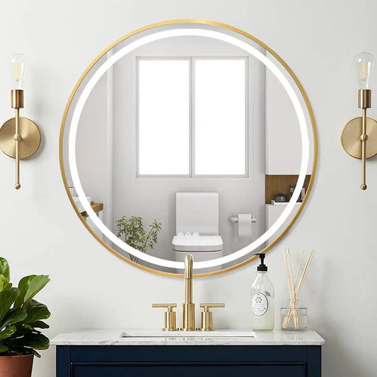 Round Light Mirror Black Gold Frame Dimmable Fogless Mirror with Detachable Rope