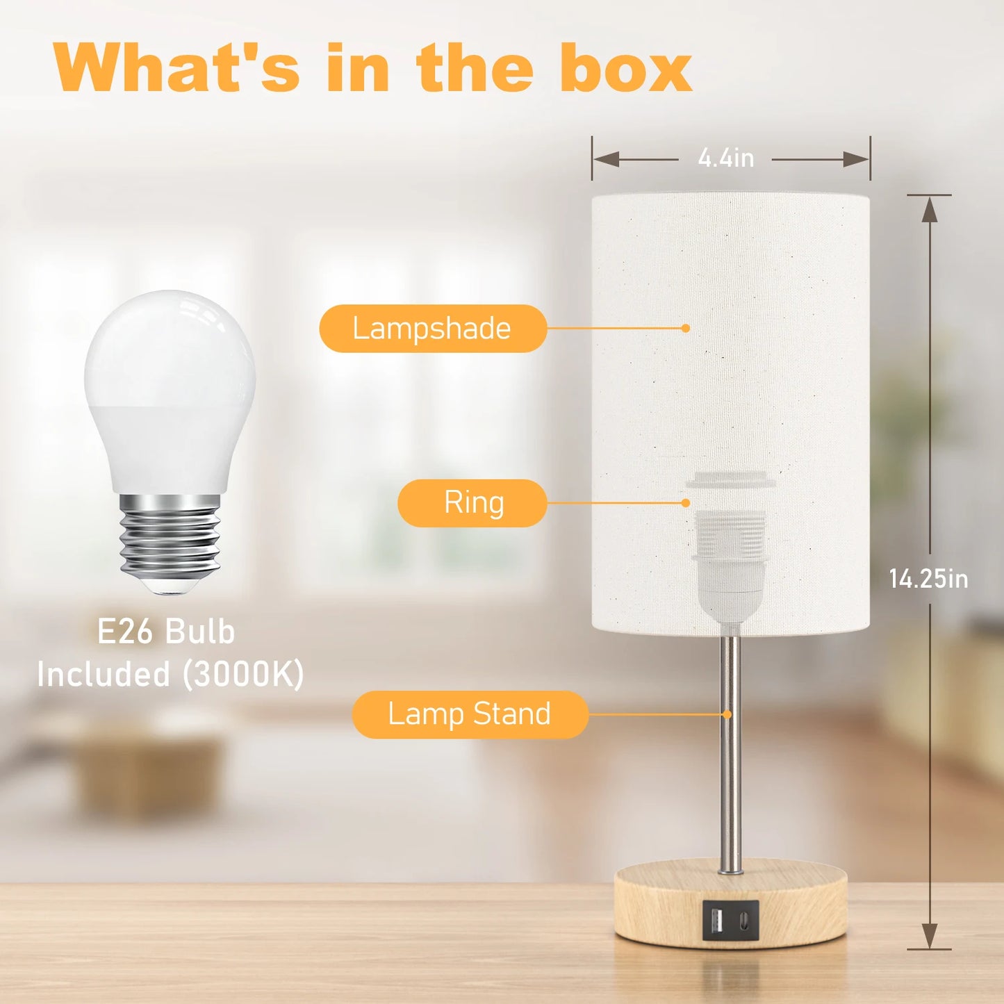 2 Pack 14 Inch Small Table Lamp 3 Way Dimmable, Touch Control, Dual Charging Ports, 3000K Soft Warm (2 LED Bulb)
