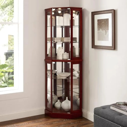 Lighted Curio China Cabinet Corner Display with Tempered Glass Doors and Shelves, Wooden Accent