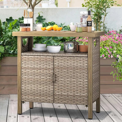 Patio Bar Table with Two Doors and Shelves, Waterproof Wicker Outdoor Storage Cabinet