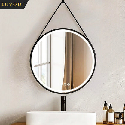 Round Light Mirror Black Gold Frame Dimmable Fogless Mirror with Detachable Rope