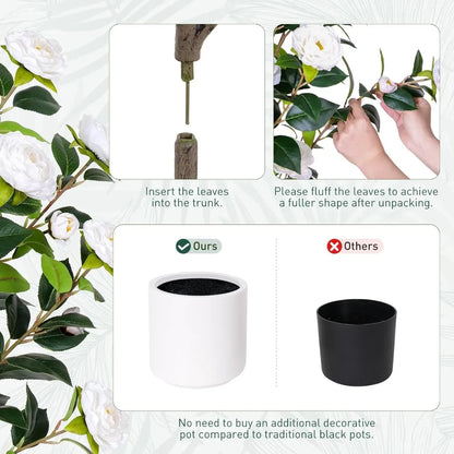 63 inch Artificial Camellia Tree with White Flower Pots -5 Ft Faux Plants, 2 pack