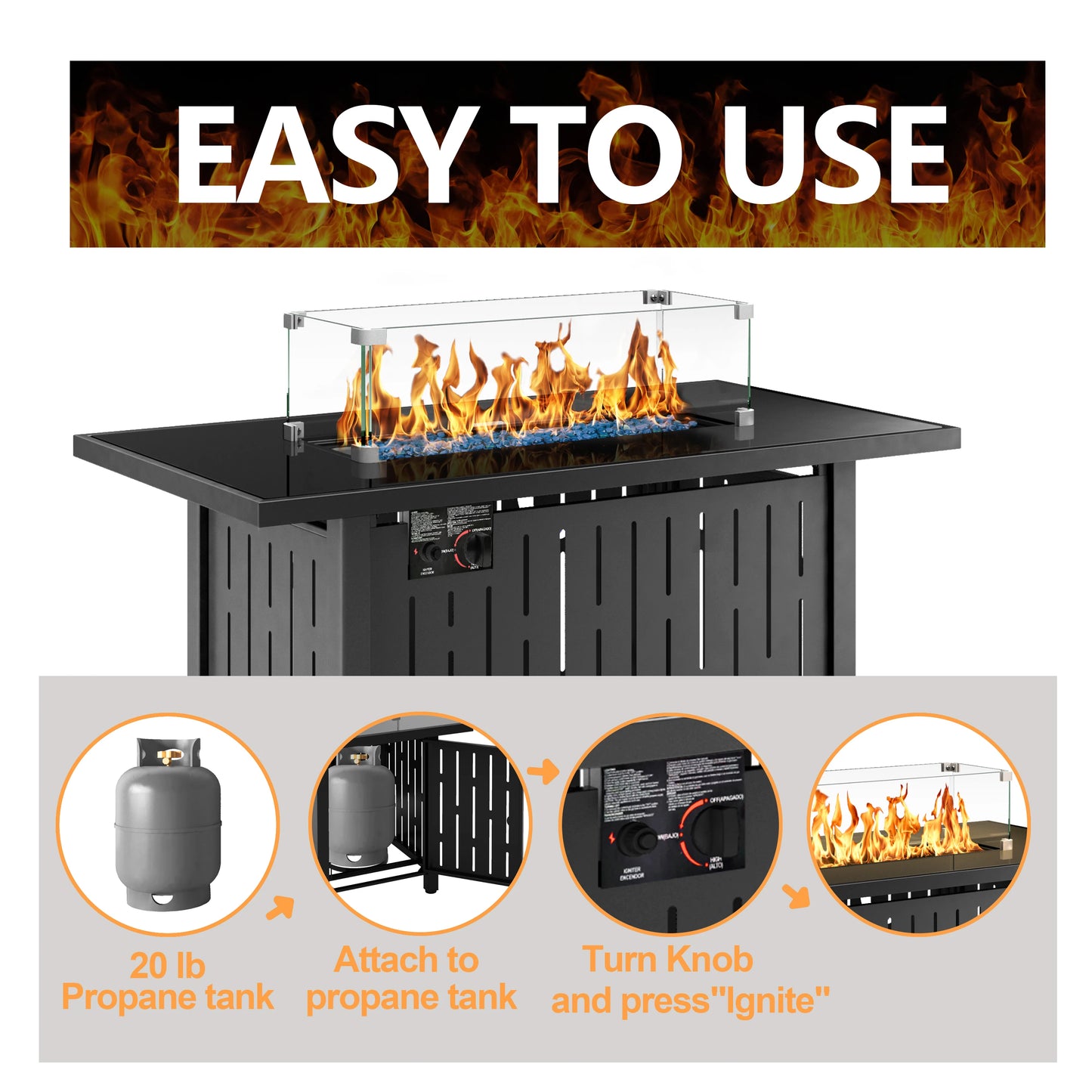 42 Inch 2 n 1Gas Fire Pit Table, 50,000 BTU Propane Pits with Steel Lid and Waterproof Cover