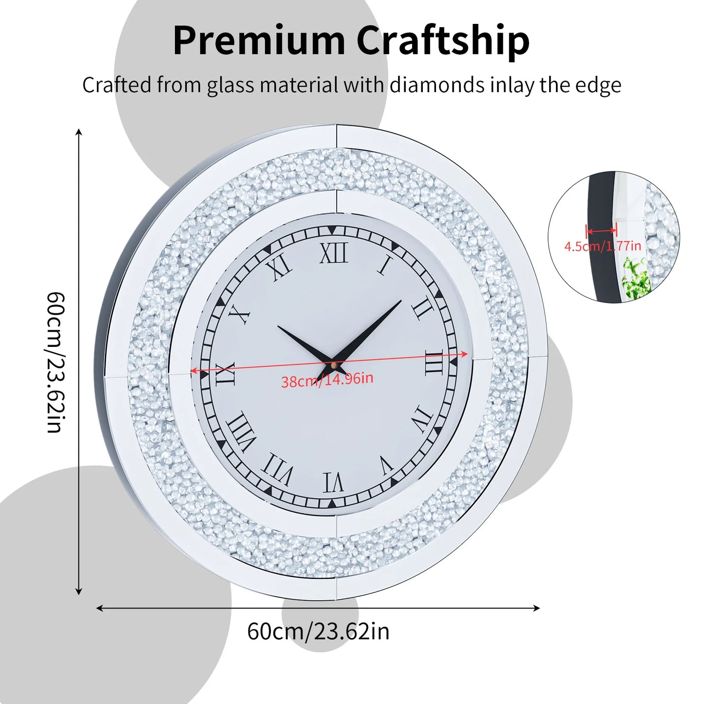 24 inch Large Crystal Mirrored Wall Clock