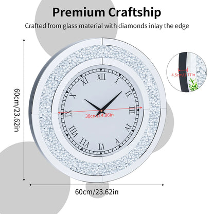 24 inch Large Crystal Mirrored Wall Clock