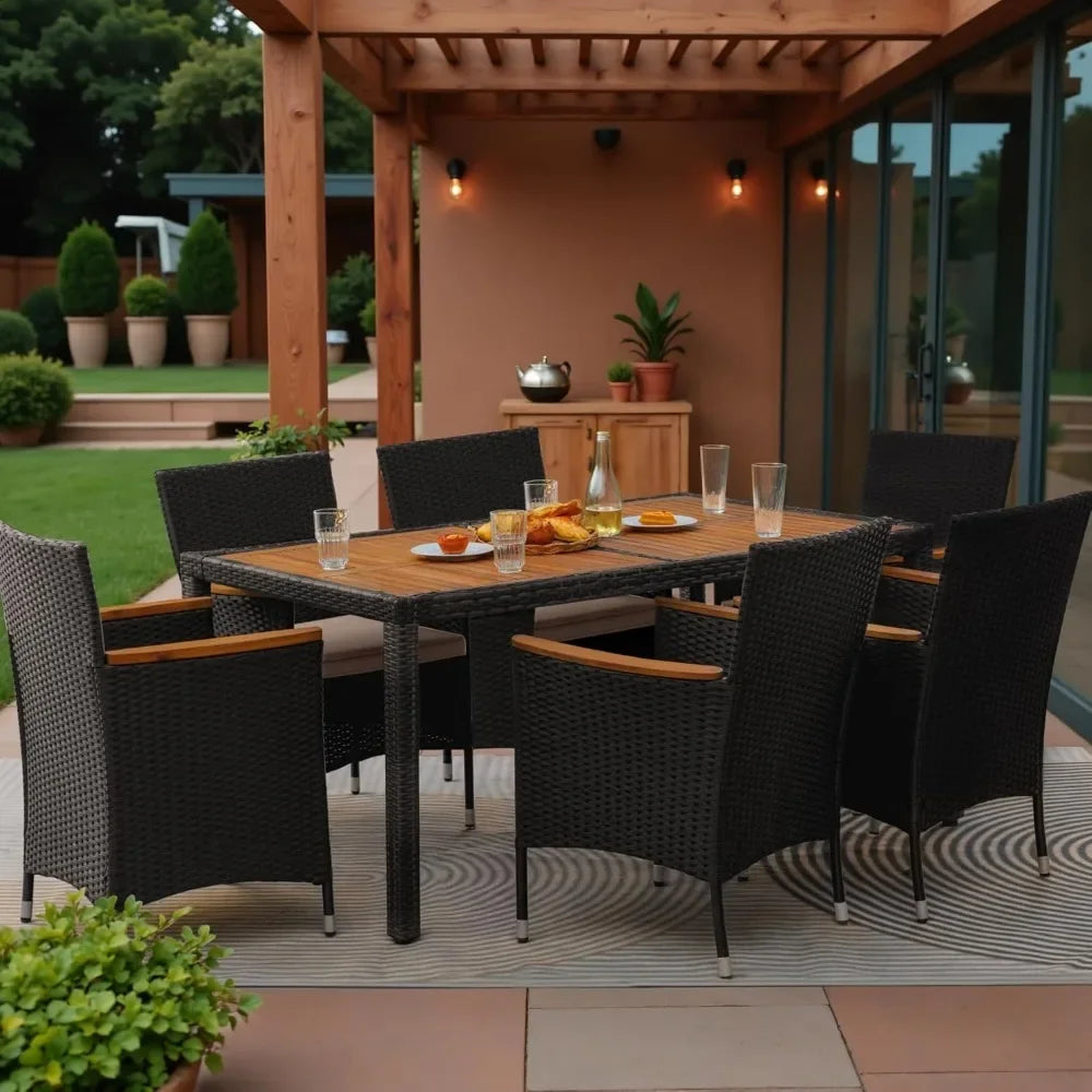 7 Pieces Outdoor Dining Set with 6 Chairs with Cushions, Curved Acacia Wooden Armrests