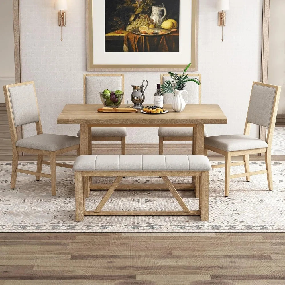 6-Piece Retro Dining Set for 6 Dining Table Set with 4 Upholstered Chairs & 1 Rectangular Bench