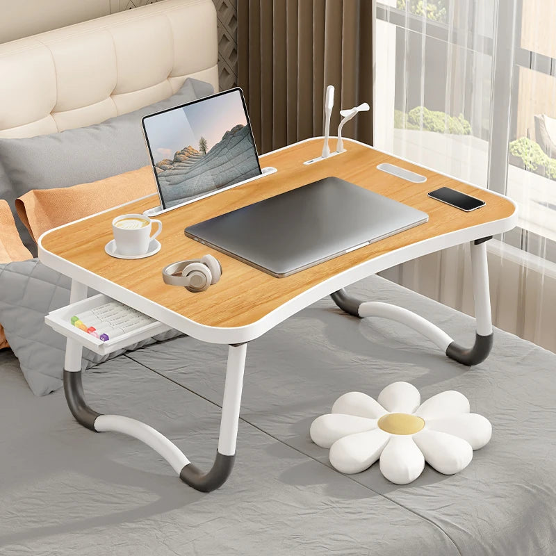 Portable Foldable laptop Desk for working with USB Light, Small Fan, Cup Holder, Tablet Slot, and Lifting Handle