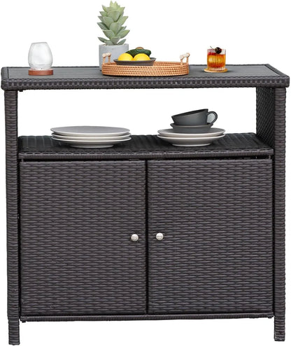Waterproof Wicker Storage Buffet Outdoor Patio Bar Table with Two Doors and Shelves