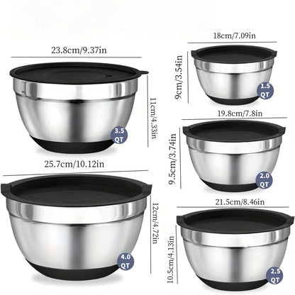 8pcs Stainless Steel Mixing Bowl set with Airtight Black Lids with Attachments  Bottoms