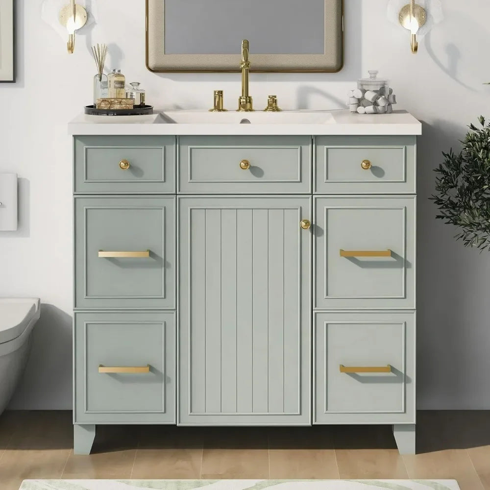 36" Bathroom Vanity organizer With Sink, Modern Green Bathroom Vanity With 3 Drawers