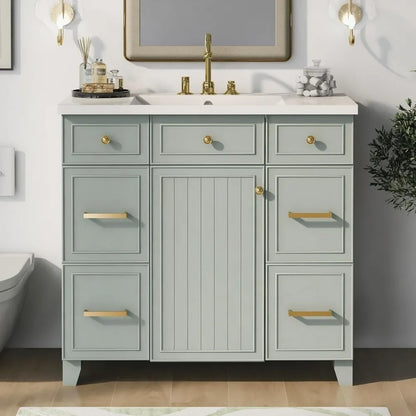 36" Bathroom Vanity organizer With Sink, Modern Green Bathroom Vanity With 3 Drawers
