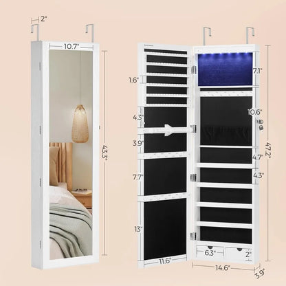 47.2-Inch Tall LEDs Mirror Jewelry Cabinet organizer with Mirror, 2 Drawers, 3.9 x 14.6 x 47.2 Inches, White