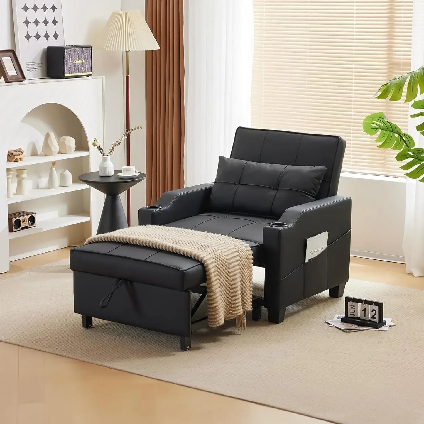 Sleeper Chair 3-in-1 Pull out Couch Sleeper Sofa Light Gray, Recliner with USB Ports, Cup Holders, Side Pockets