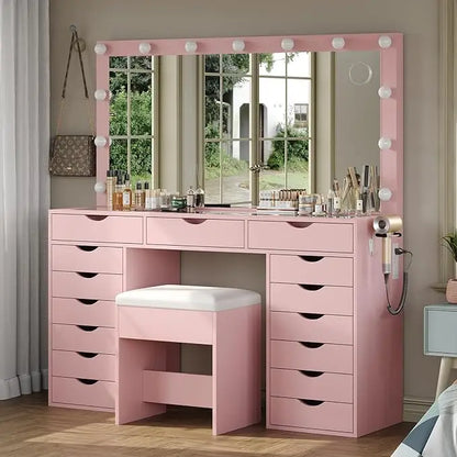 Vanity Desk with Mirror and 3 color Lighting Modes with Charging Station,15 Drawers Dressing Table