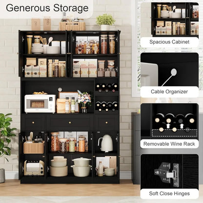 72" Tall Kitchen Large Pantry Storage Cabinet with Wine Rack, Modern Hutch