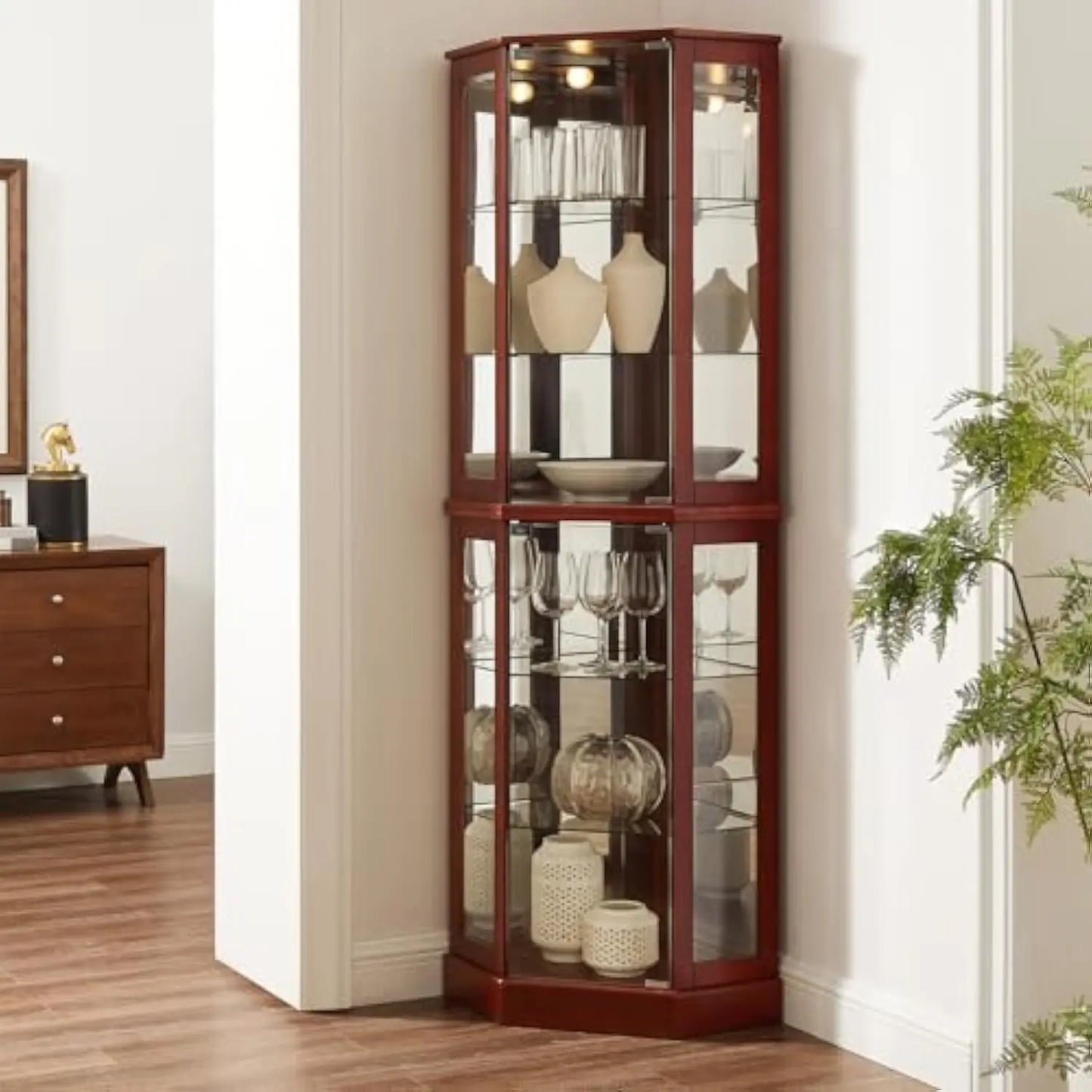 Lighted Curio China Cabinet Corner Display with Tempered Glass Doors and Shelves, Wooden Accent